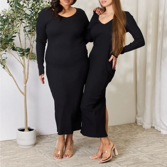 NEW Culture Code PLUS + REG Size Ribbed Long Sleeve Slit Hem Midi Dress - Picture 12 of 13